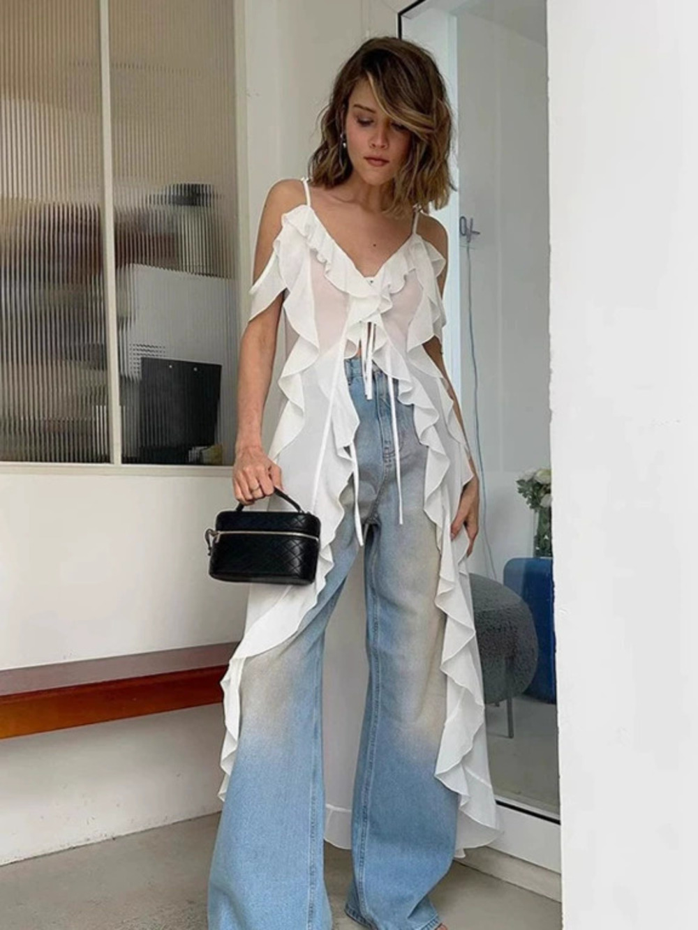 Forever 21 White Ruffled Chiffon Camisole Maxi Dress Summer Layering